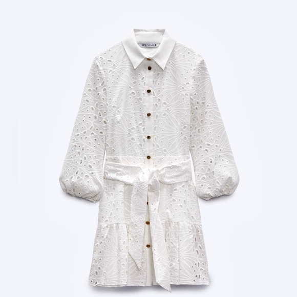 Zara White Eyelet Belted, Ruffle Hem Shirt Dress! Blogger’s Favorite!! 🤍 - Picture 5 of 9